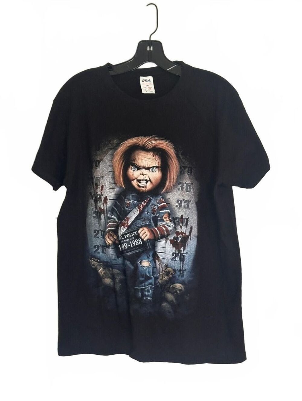 Chucky Child's Play Mugshot T-Shirt M Horror IDEAL 100% Cotton Black Tee VTG-EUC